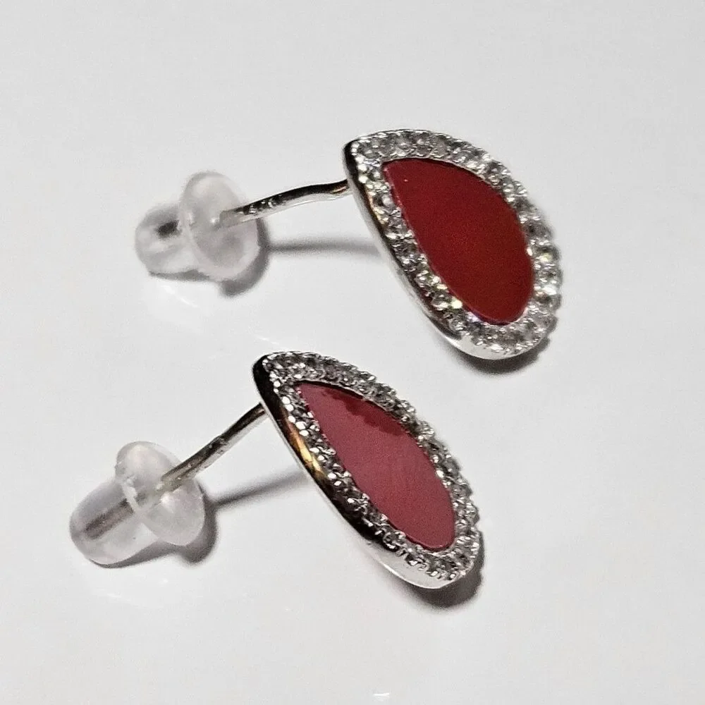 Sterling Silver With Red Teardrop Shaped Rhinestone Accent Dainty Earrings
